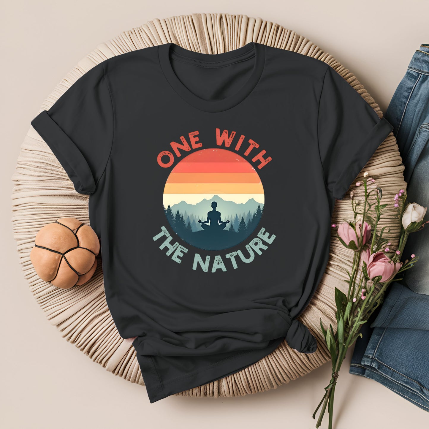 Retro Sunset One With the Nature Meditation T-Shirt