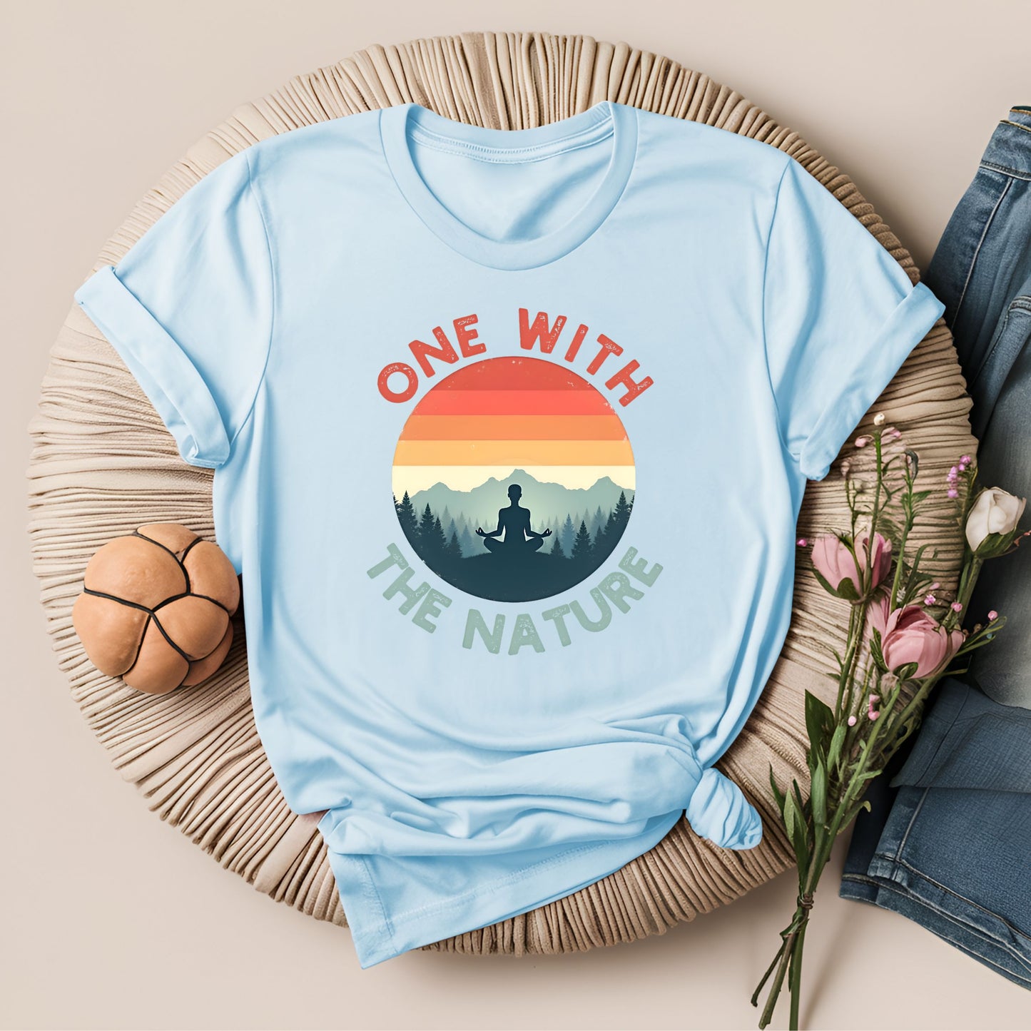 Retro Sunset One With the Nature Meditation T-Shirt
