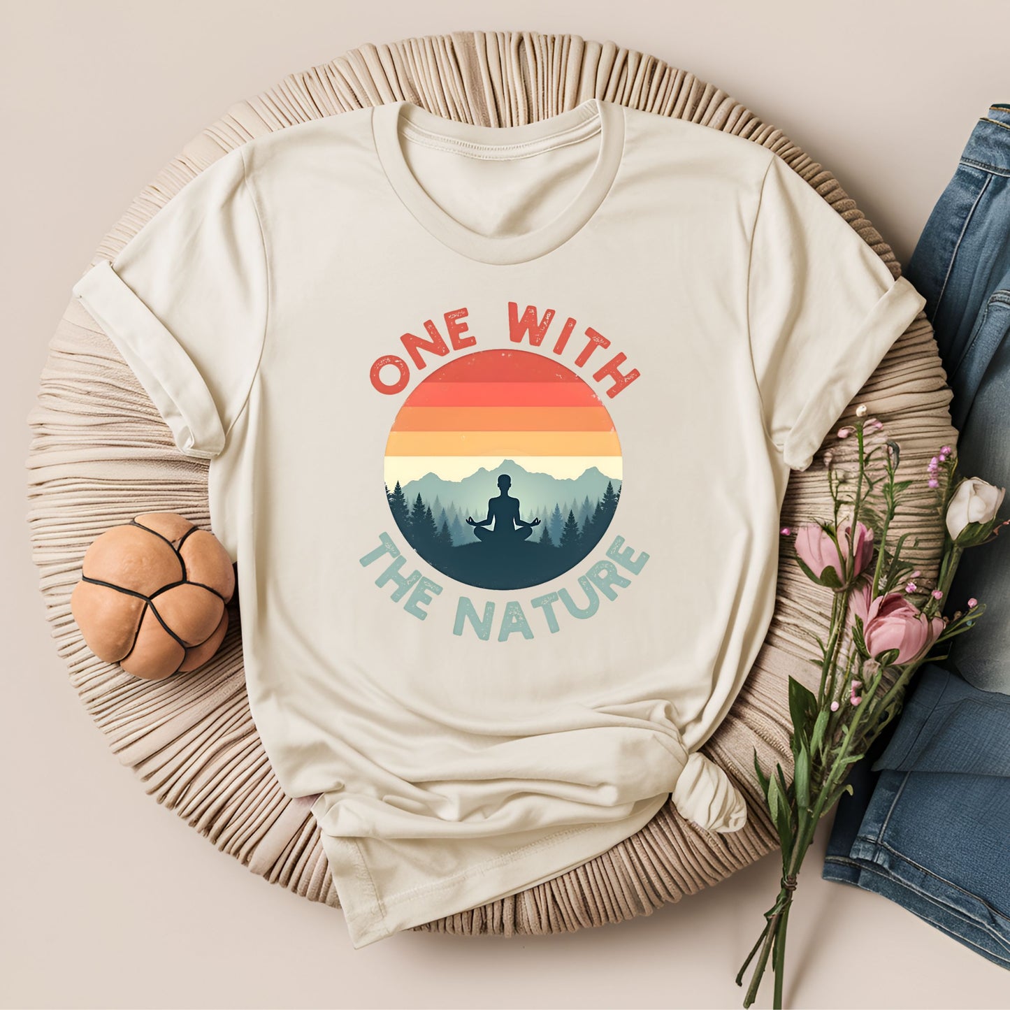 Retro Sunset One With the Nature Meditation T-Shirt